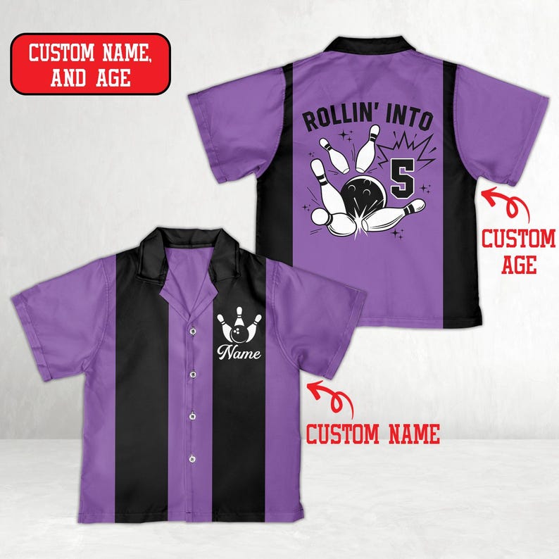 May include: Purple and black bowling shirt with a bowling pin graphic and the text "ROLLIN' INTO 5". The shirt has a button-down front and a collar. The text "CUSTOM NAME" and "CUSTOM AGE" are also visible.