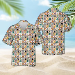 Camisa hawaiana de retazos con diseño de gato, camisa abotonada con estampado de mosaico colorido de gato estilo Aloha, linda camisa de vacaciones para amantes de los gatos, camisa de playa de verano, regalo para mamás de gatos