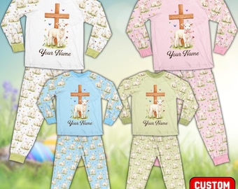 Personalized Christian Easter Pajamas for Kids, Custom Name Lamb and Cross Pajama Set, Religious Easter PJs, Faith Based Spring Sleepwear
