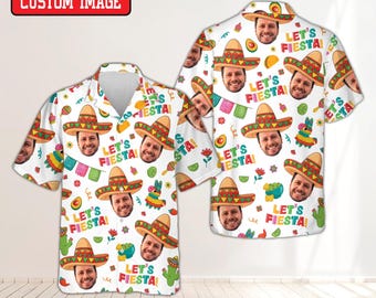 Aangepast gezicht Mexicaans Fiesta Hawaiiaans shirt, gepersonaliseerde foto Cinco De Mayo Aloha-shirt, Let's Fiesta Party-shirt, Mexicaans festivalcadeau