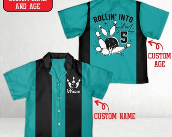Gepersonaliseerd bowling verjaardagsshirt, aangepast retro bowlingshirt, Rolling In To Birthday Bowler Button Shirt jongen meisje laten we wat plezier maken