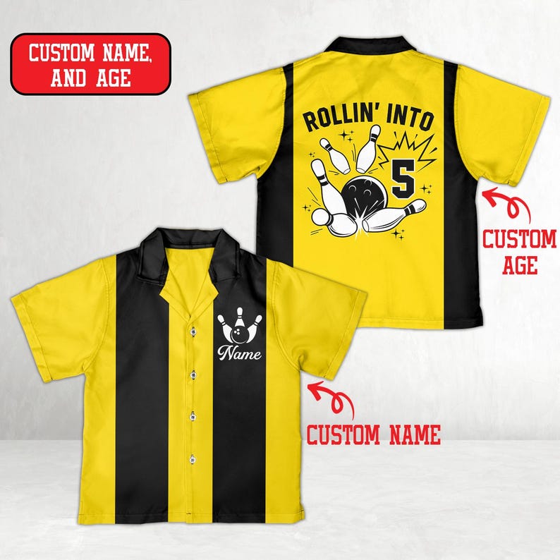 May include: Yellow and black bowling shirt with a bowling pin graphic and the text "Rollin' Into 5". The shirt has a button-down front and a collar. The front of the shirt has a bowling pin graphic and the word "Name".