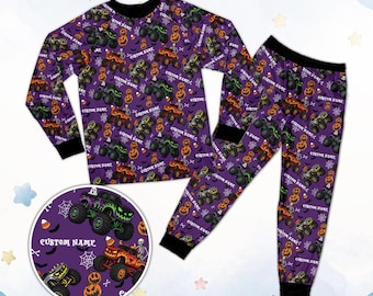 Nom personnalisé pyjama d'Halloween, ensemble de pyjama personnalisé Monster Truck, pyjama d'Halloween pour enfant, cadeau de pyjama d'Halloween pour tout-petit camion effrayant