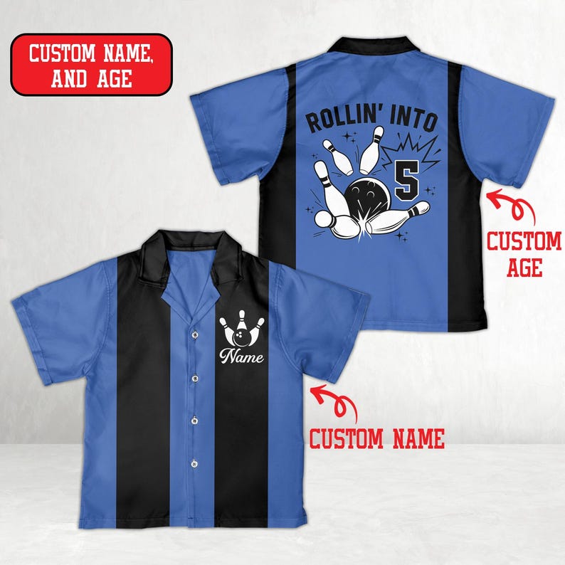 May include: Two bowling-themed shirts. One shirt is blue and black with a bowling pin graphic and the word "Name". The other shirt is blue and black with the text "ROLLIN' INTO 5" and a bowling ball and pins graphic. The shirts are short-sleeved.