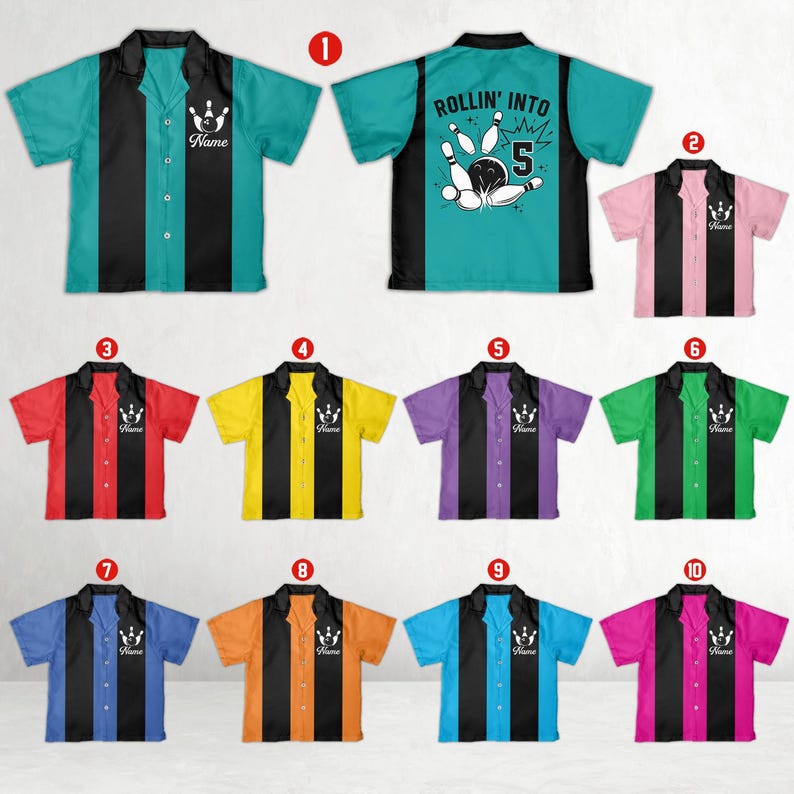 May include: Collection of bowling shirts in various colors, each with a black vertical stripe down the center. Some shirts feature a bowling pin graphic and the text "Rollin' Into 5". Each shirt has a white bowling pin graphic and the text "Name".