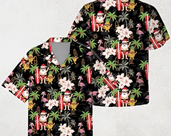 May include: Black Hawaiian shirt with a festive Santa Claus and pineapple design. The shirt features Santa with a surfboard, palm trees, flamingos, and hibiscus flowers. The short-sleeved shirt has a V-neck collar.