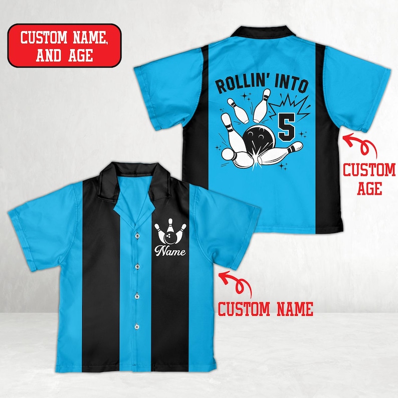 May include: Two bowling-themed shirts. One shirt is light blue with a black vertical stripe and a bowling pin graphic with the word "Name". The other shirt is light blue with a black back and the text "ROLLIN' INTO 5" with a bowling ball and pins.