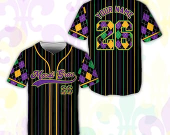 Aangepaste Argyle Mardi Gras Baseball Jersey, New Orleans Festival Jersey, feestelijke bijpassende Louisiana Carnival, gepersonaliseerd Fat Tuesday cadeau