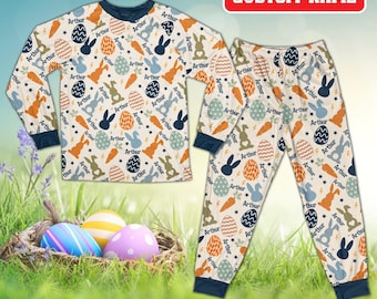 Custom Name Boy Easter Pajamas Set, Checkered Bunny Egg Hunt Pajamas, Personalized Kid Happy Easter Egg Gift