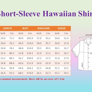 May include: Image of a size chart for a short-sleeve Hawaiian shirt. The chart includes measurements in inches and centimeters for length, bust, shoulder, and sleeve. Sizes range from S to 5XL. A diagram illustrates shirt measurements.