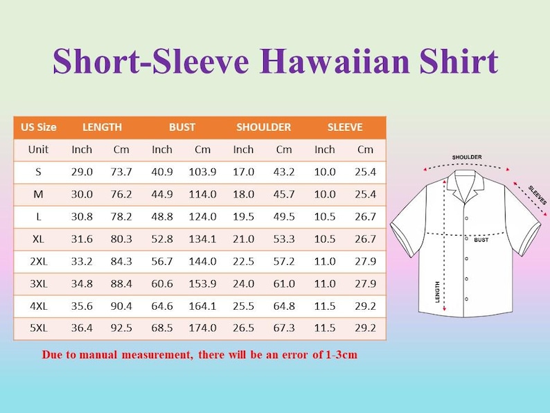 May include: Image of a size chart for a short-sleeve Hawaiian shirt. The chart includes measurements in inches and centimeters for length, bust, shoulder, and sleeve. Sizes range from S to 5XL. A diagram illustrates shirt measurements.