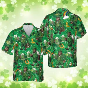 May include: Green short-sleeved shirt featuring a repeating pattern of a leprechaun chimpanzee with beer, rainbows, and horseshoes. The shirt has a white collar and is made of a lightweight material. The background is green with shamrocks.