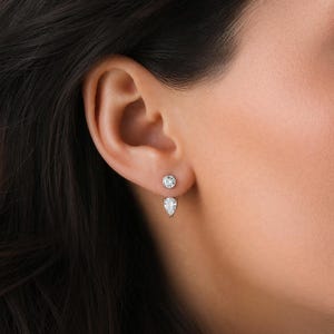 Diamantörhängen med jacka fram och bak, pärondroppar, tvådelat, sterlingsilver, guld, elegant, brud, bröllopsdag, mors dag, present till henne, mamma