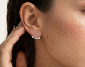Pendientes trepadores de diamantes, estilo pera flotante, de plata de ley y oro, con diseño frontal y posterior. Regalo ideal para aniversario, boda, novia, Día de la Madre.