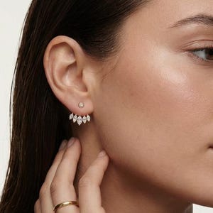 Marquise Ear Jacket Earrings Fan Lotus Sunburst Crystal Front Back Gold Sterling Silver Dainty Statement Bridal Wedding Gift Her Mom