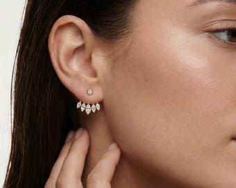 Pendientes tipo marquesa con forma de abanico, flor de loto, cristales, parte delantera y trasera, oro y plata de ley. Un detalle delicado y llamativo, ideal como regalo de boda para ella o su madre.