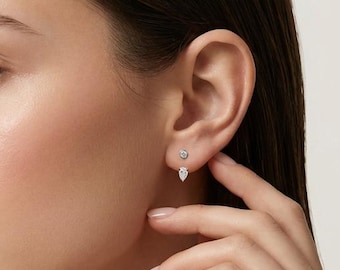 Pendientes de diamantes con forma de pera, dos piezas, plata de ley y oro, delicados, ideales para bodas, aniversarios o el Día de la Madre. Regalo perfecto para ella o para mamá.