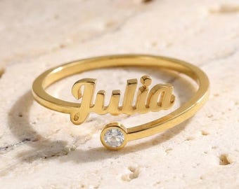Anillo con nombre personalizado, anillo con piedra de nacimiento personalizada, anillo con nombre para parejas, anillo con nombre para la madre, anillo de compromiso con piedra de nacimiento, anillo de boda con piedra de nacimiento