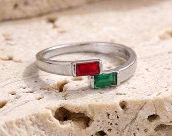 Anillo con dos piedras de nacimiento Toi et Moi Double Baguette Pareja Madre Hija Personalizado Plata de Ley Oro Aniversario Boda Regalo Mamá