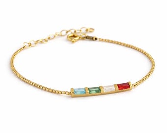Pulsera Baguette con piedra natal para mamá, cadena de caja personalizada, plata esterlina, múltiples damas de honor, regalo del Día de la Madre, abuela