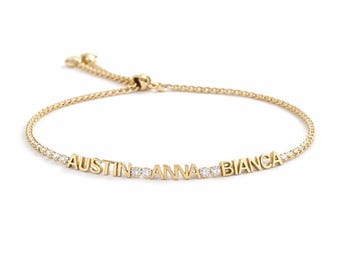 Pulsera con varios nombres, cadena de tenis de 2 mm, personalizada para la familia, niños y mamá, con moissanita y diamantes, plata de ley, regalo personalizado para el Día de la Madre y Navidad.