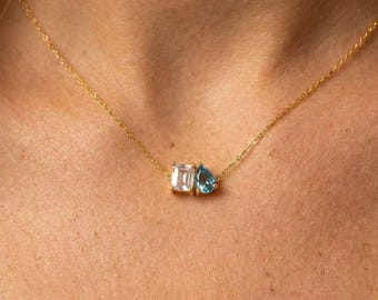 Collar Toi et Moi con piedra natal y diseño baguette, ideal para parejas, personalizado para el Día de la Madre, Navidad o aniversario.