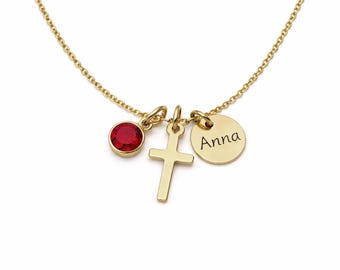 Collar con nombre y piedra natal en forma de cruz, collar con disco personalizado con nombre, collar con cruz de Cristo, collar religioso con cruz, collar con piedra natal personalizada