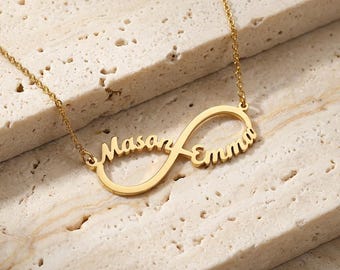Collar infinito con nombres de pareja, collar con dos nombres, colgante con doble nombre, collar infinito romántico, collar personalizado con nombre, joyería con nombre
