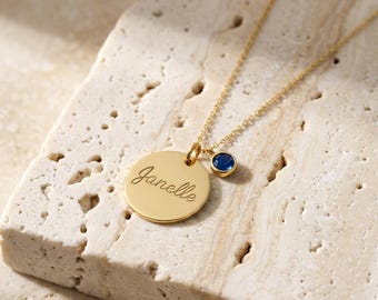 Collar con disco y piedra natal con nombre, collar con piedra natal personalizado, colgante de piedra natal para madre, collar con nombre personalizado, collar conmemorativo con nombre