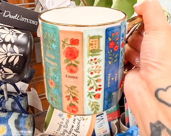 Jane Austin Book Stack Mug | Literary Coffee Cup | Little Women, Emma, Pride & Prejudice Mug | Book Lover Gifts | Gold Handle Mug | Reader