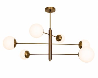 Żyrandol w stylu Mid Century Modern z 6 źródłami światła, czarna mosiężna lampa sufitowa Sputnik, nowoczesna oprawa sufitowa MCM, jadalnia, kuchnia, salon
