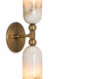 Alabaster Wall Sconce, Brass Wall Light, Mid Century Modern Wall Lamp, Luxury Bedside Sconce, Bathroom Vanity Light, Minimal Wall Lighting