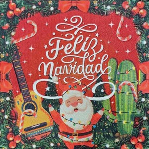 May include: A festive Christmas-themed design with a red background, featuring Santa Claus, a guitar, and a cactus decorated with lights. The words "Feliz Navidad" are written in elegant script, surrounded by Christmas decorations.
