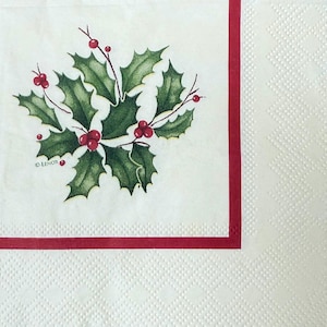 Christmas Holly and Berry Print Decoupage Napkins, 3 Cocktail Size Paper Napkins, Green Holly with Red Border, Crafts, Cards, Scrapbooking
