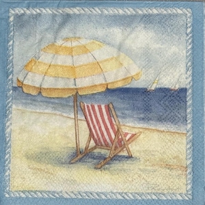 Day at the Beach Decoupage Napkins, 3 Individual Cocktail Paper Napkins, Paper Napkin Crafts, Chair Under an Umbrella Overlooking the Beach