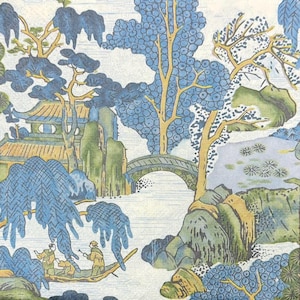 May include: A detailed illustration of a serene Asian landscape. The design features a pagoda, bridge, and boat with figures, all rendered in shades of blue, green, and yellow against a cream background. The artwork evokes a sense of tranquility.