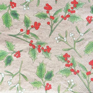 Christmas Holly and Berries on Tan Decoupage Napkins, 3 Lunch Size Paper Napkins, Green Holly Red Berries Beige, Crafts, Cards, Scrapbooking