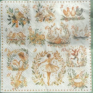 May include: White decorative napkin with eleven illustrated vignettes. The vignettes depict birds, chickens, geese, a ballerina, and a man dancing, all surrounded by floral and leaf accents. The napkin has a green border with gold dots.