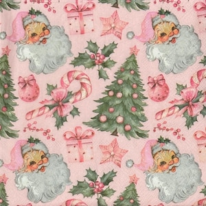 Pink Santa Clause Decoupage Napkins, 3 Individual Lunch Size Paper Napkins,Pink Christmas Design, Paper Napkin Crafts, Journals,Scrapbooking
