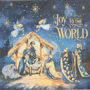 Nativity Scene Decoupage Napkins, 3 Individual Lunch Size Paper Napkins, Birth of Christ, Joy to the World Paper Napkins