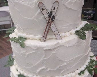 Ski boutonnieres, Birch bark wood skis with initials woodburned