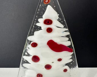 Arbre à réchaud en verre fusionné, rayures rouges sur fond vanille