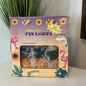 May include: A box of "Fun Lights" with a window showing pineapple-shaped lights. The box is decorated with illustrations of a flamingo, fish, cactus, and sunflowers. The text "10 covers per box" is visible.