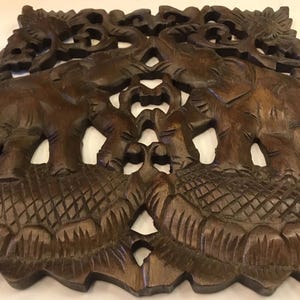 eak Wood Carving Elephant Panel 30x30cm | Thai Handcrafted Wall Decor | Lanna Style Double Elephant Art