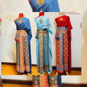 Thai Traditional Dress Set with Floral Shawl & Wrap Skirt
