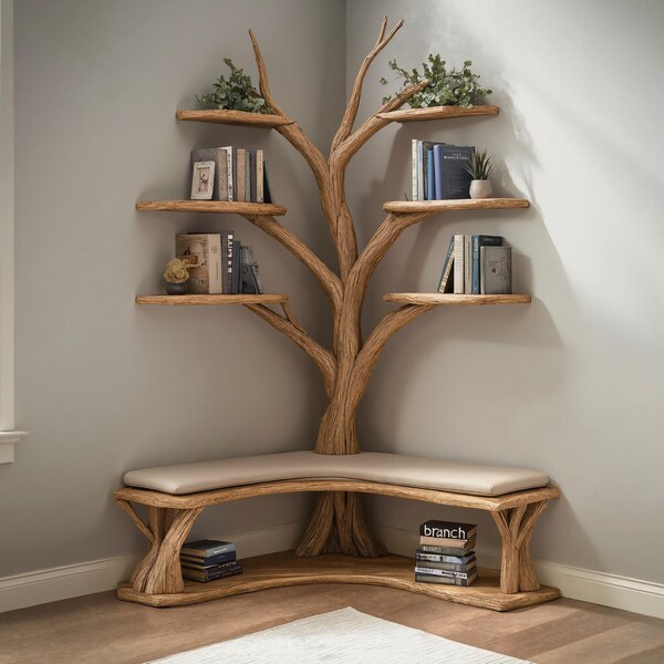 Rustic Driftwood Branch Floating Bookshelf with Bench | Handmade Tree Hall Tree | Wall Mounted Entryway Organizer Shelf