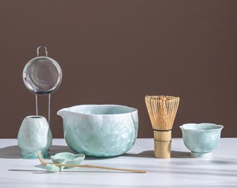 Mint Green Crystalline Glaze Matcha Bowl Set – Japanese Tea Ceremony