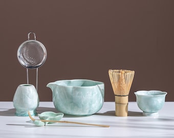 Green Petal Edge Crystalline Glaze Matcha Set with Bamboo Whisk
