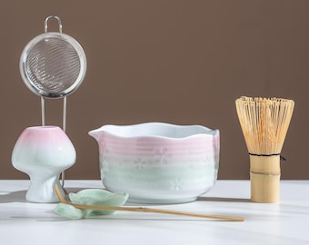 Handmade Sakura Matcha Set Ceramic Whisk Bowl Spoon