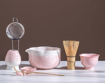 Pink Petal Edge Crystalline Glaze Matcha Bowl Set with Bamboo Whisk